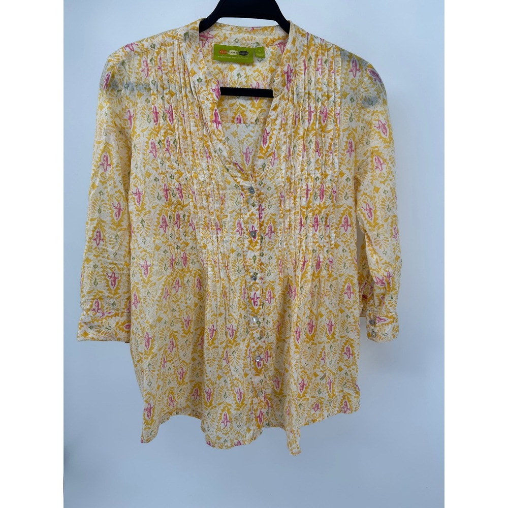 Rock Flower Paper Yellow Pink Cotton Pin-Tuck Button Up Tunic Top Womens Small